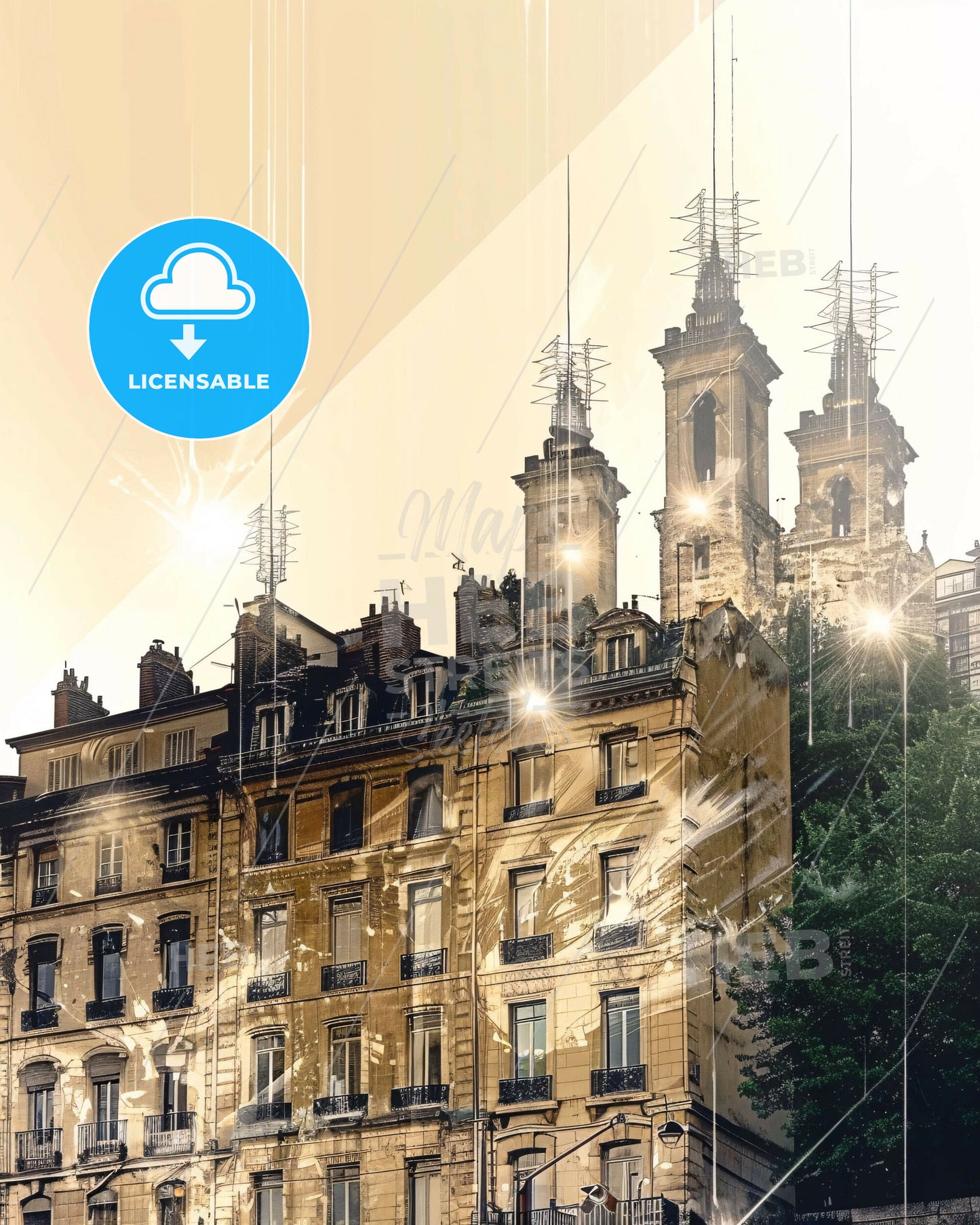 Lyon France Cityscape Composite Art Poster - A building with towers and trees