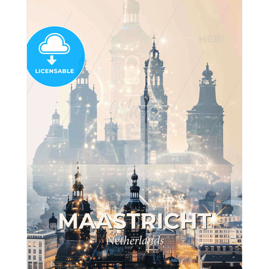 Maastricht Splendid City Skyline Night Lights Poster - A city with many towers and a clock tower - Square format print template