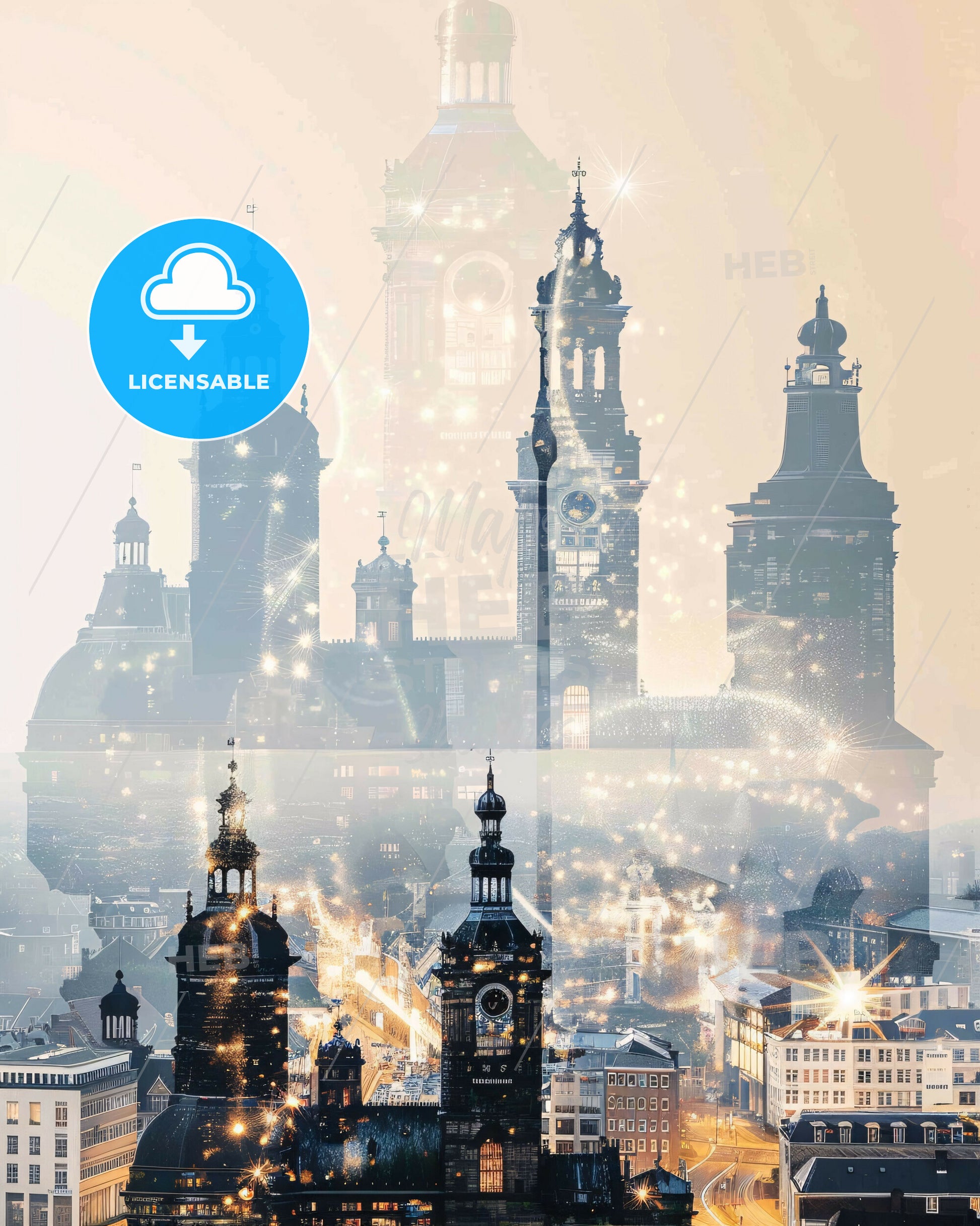 Maastricht Splendid City Skyline Night Lights Poster - A city with many towers and a clock tower