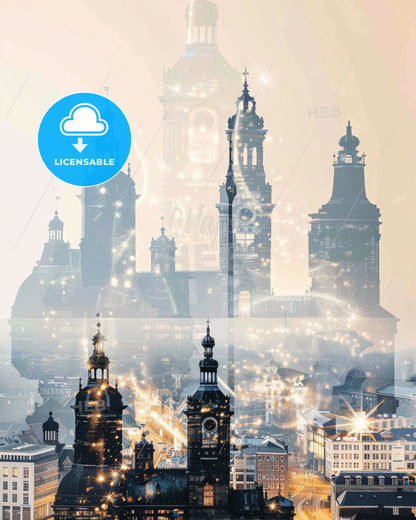 Maastricht Splendid City Skyline Night Lights Poster - A city with many towers and a clock tower