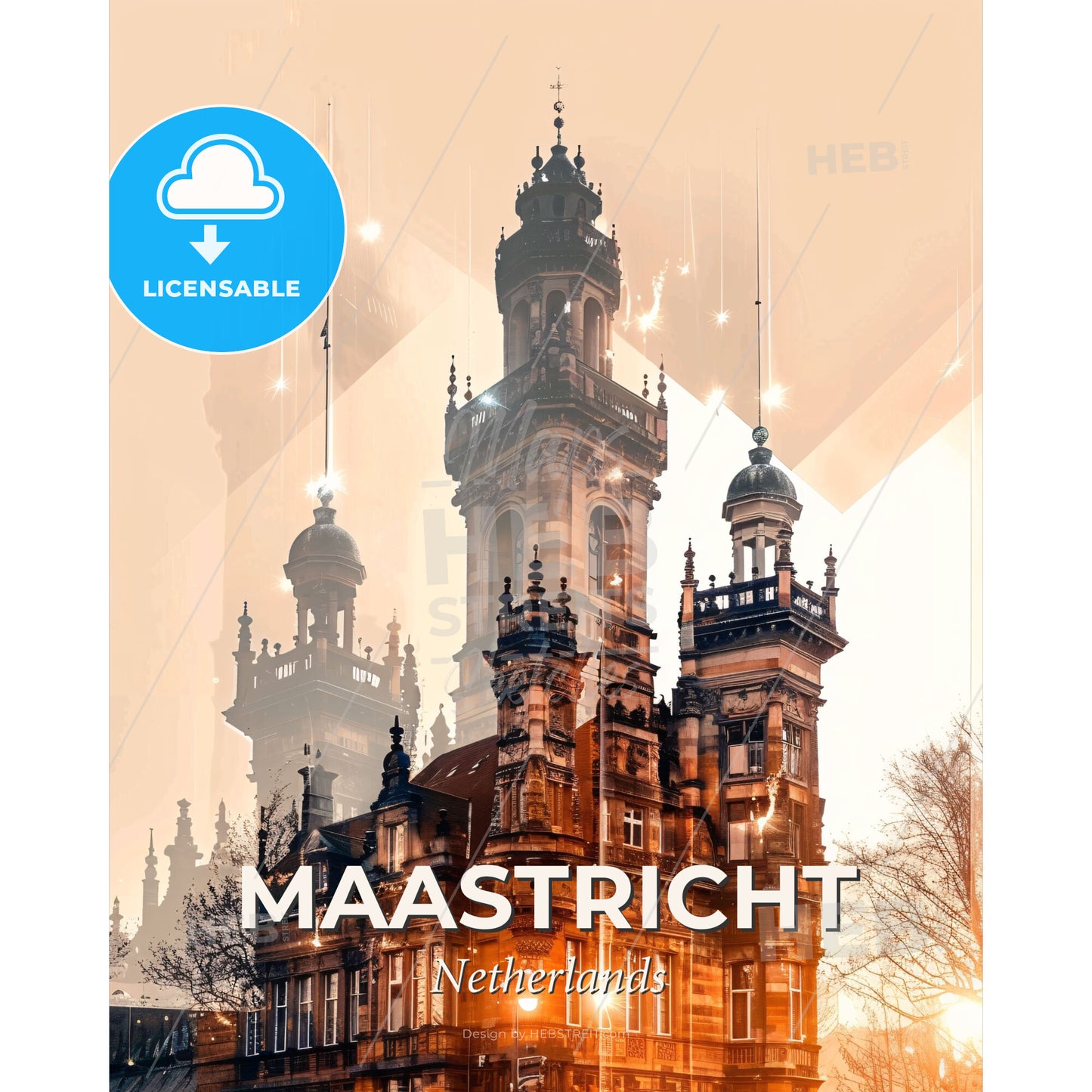 Maastricht: Skyline Reflections and Local Gems - A building with towers and lights - Square format print template