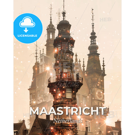 Maastricht City Skyline Double Exposure Art Poster - A building with towers and lights - Square format print template