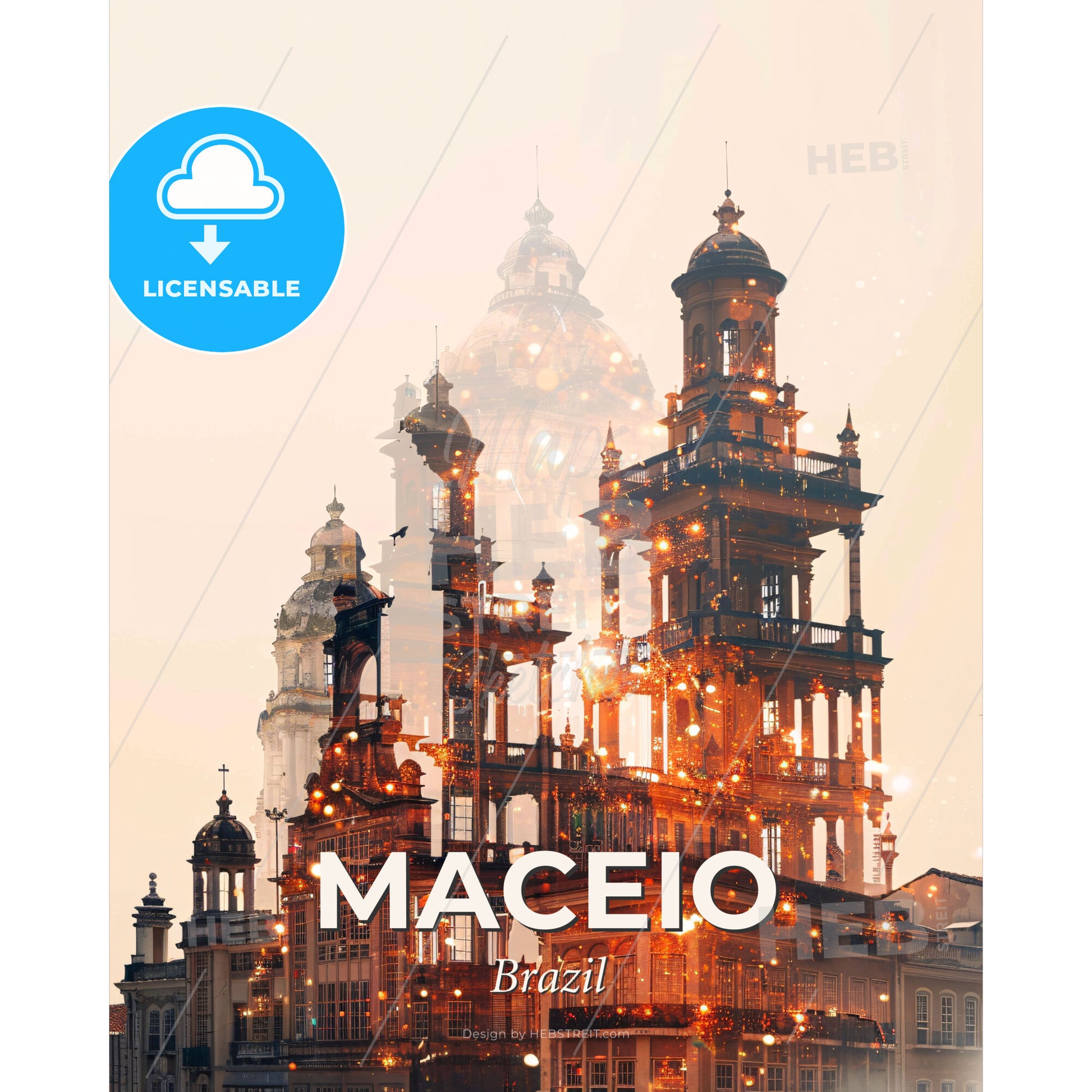 Maceio City Poster: Double Exposure Skyline Art - A building with many towers and a dome - Square format print template