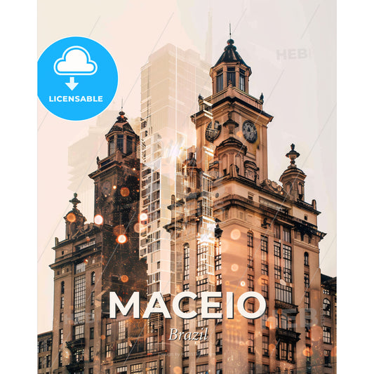 Maceio Skyline, Bright Beige Paper Poster - A large building with a clock on it - Square format print template
