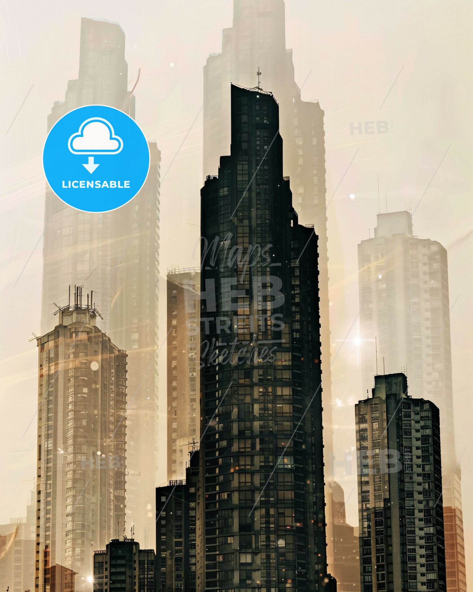 Maceio Skyline Double Exposure Art Decor - A group of tall buildings in a city