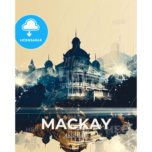 Mackay Skyline Double Exposure Art Print - A building with a large dome and trees - Square format print template