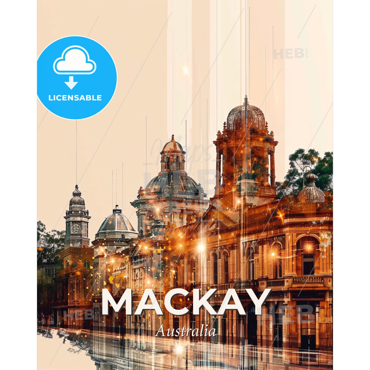 Mackay City Skyline Art Deco Brightness - A building with many towers and a street with trees - Square format print template