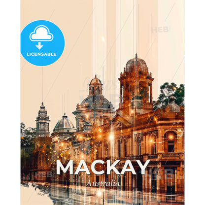 Mackay City Skyline Art Deco Brightness - A building with many towers and a street with trees - Square format print template