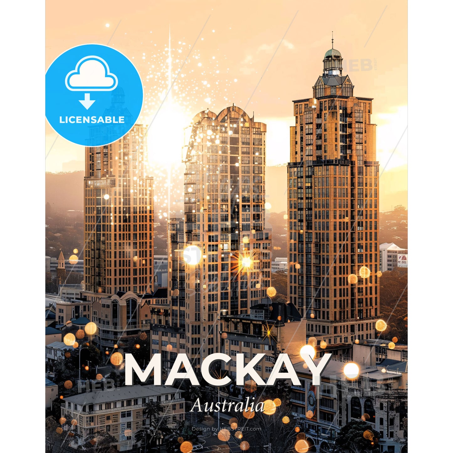 Mackay Skyline Composite Art Poster - A group of tall buildings with lights - Square format print template