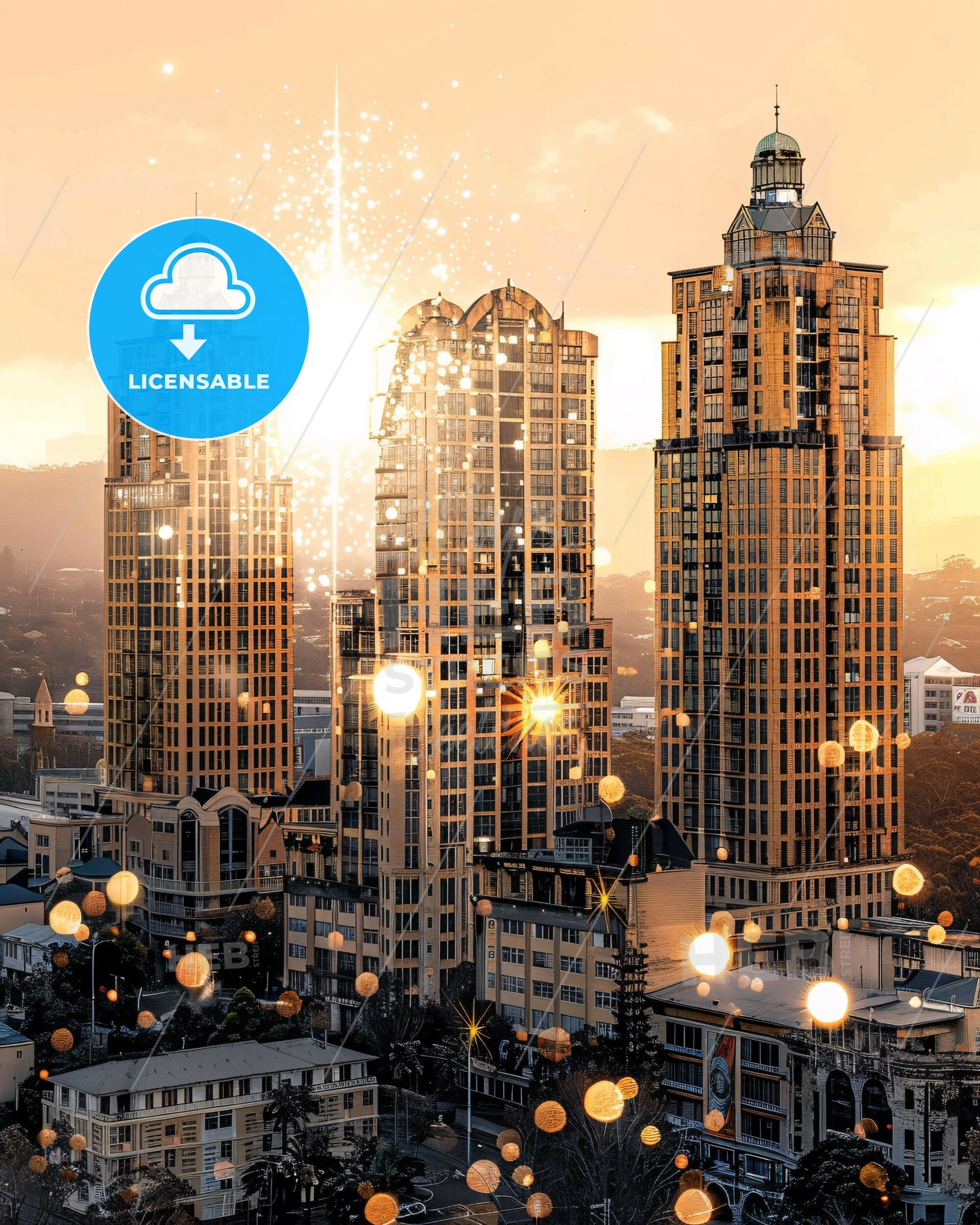 Mackay Skyline Composite Art Poster - A group of tall buildings with lights