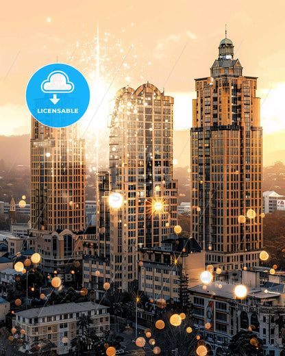 Mackay Skyline Composite Art Poster - A group of tall buildings with lights