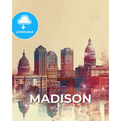 Madison Cityscape Art: Skyline Sparks in Beige - A city skyline with buildings and a body of water - Square format print template