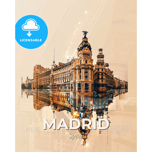 Madrid City Landmarks Double Exposure Poster - A large building with a large dome and a large building with a statue on top - Square format print template