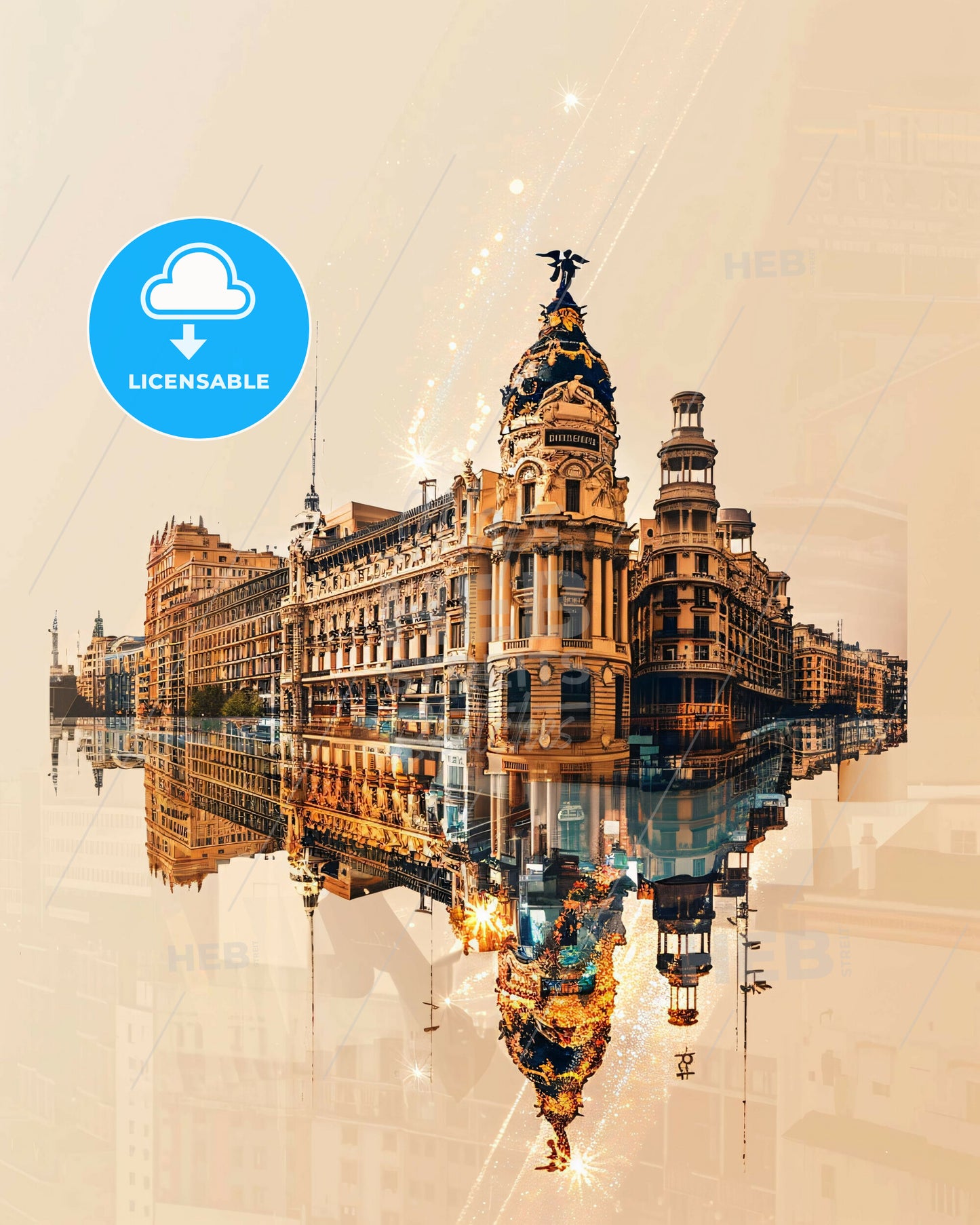 Madrid City Landmarks Double Exposure Poster - A large building with a large dome and a large building with a statue on top