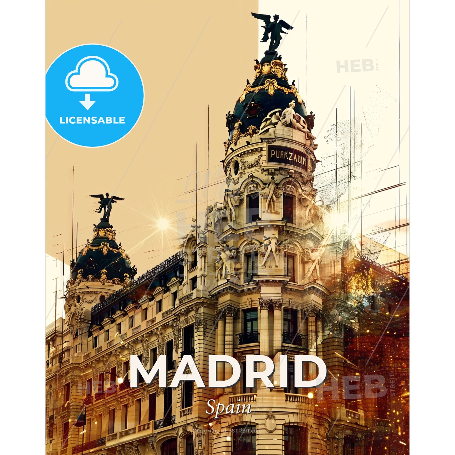 Madrid: Double Exposure City Art Poster - A building with a statue on top - Square format print template