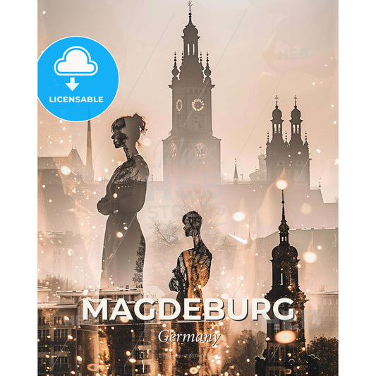 Magdeburg Skyline Double Exposure Art Print - A double exposure of a woman and a city - Square format print template