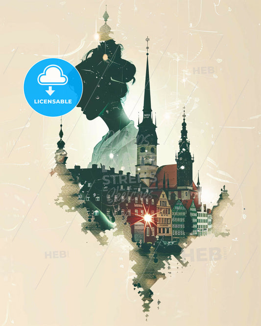 Magdeburg City Skyline Double Exposure Art Print - A woman in a white robe and a city