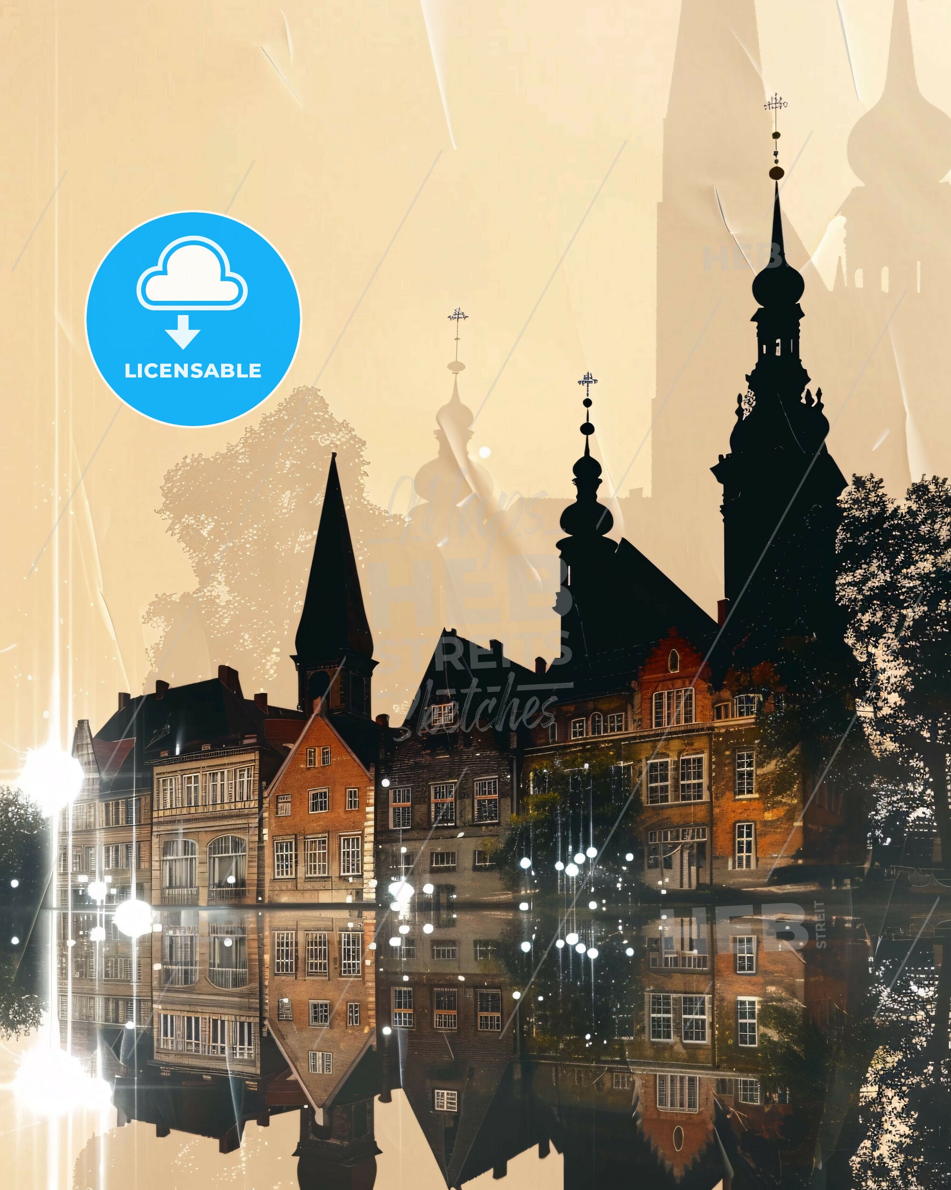 Magdeburg Skyline Panorama Double Exposure Composite Art Print - A reflection of buildings and trees in water