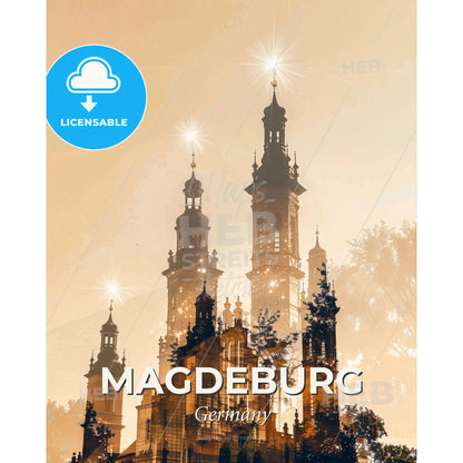 Magdeburg Skyline Double Exposure Cityscape Art - A building with towers and trees - Square format print template