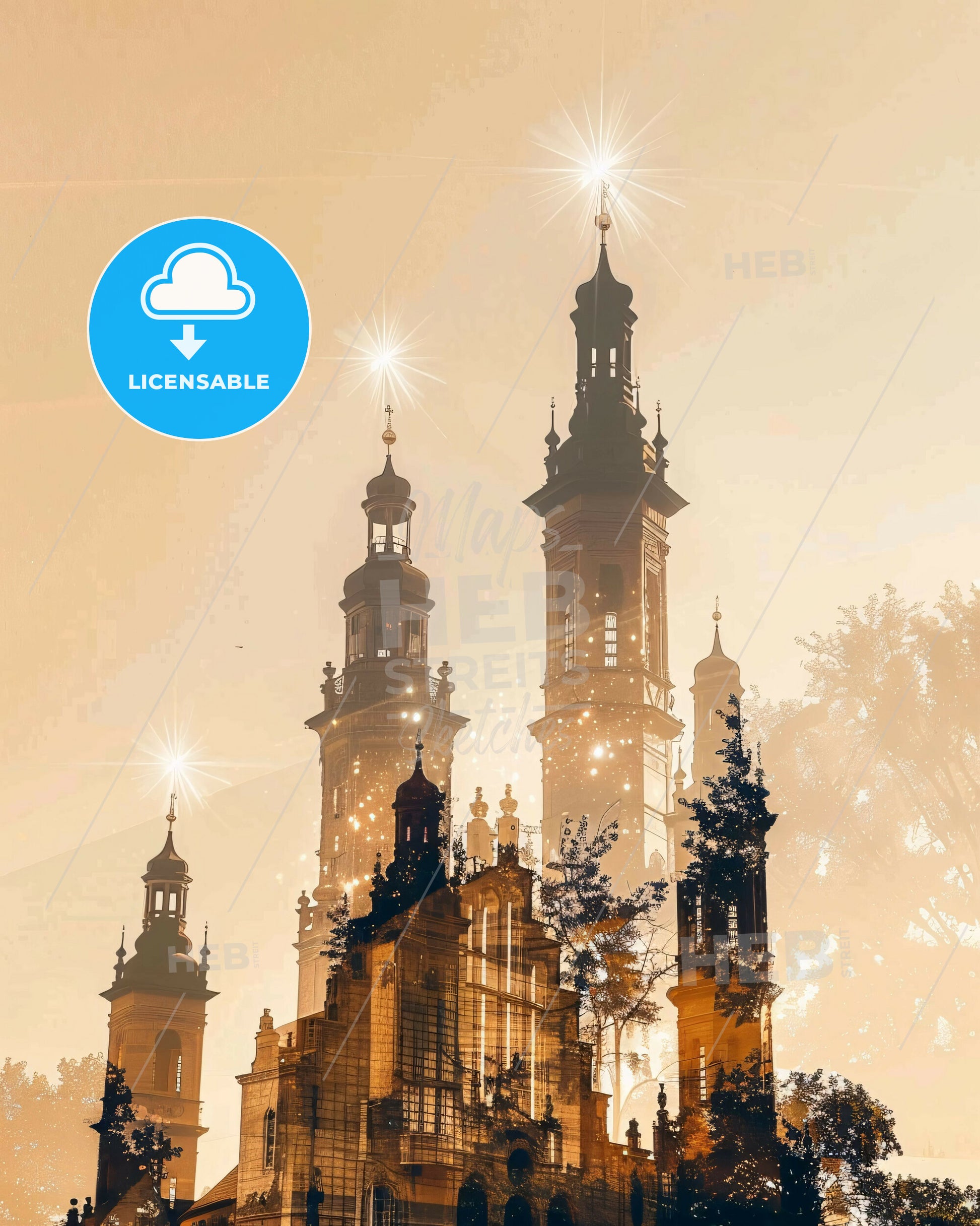 Magdeburg Skyline Double Exposure Cityscape Art - A building with towers and trees