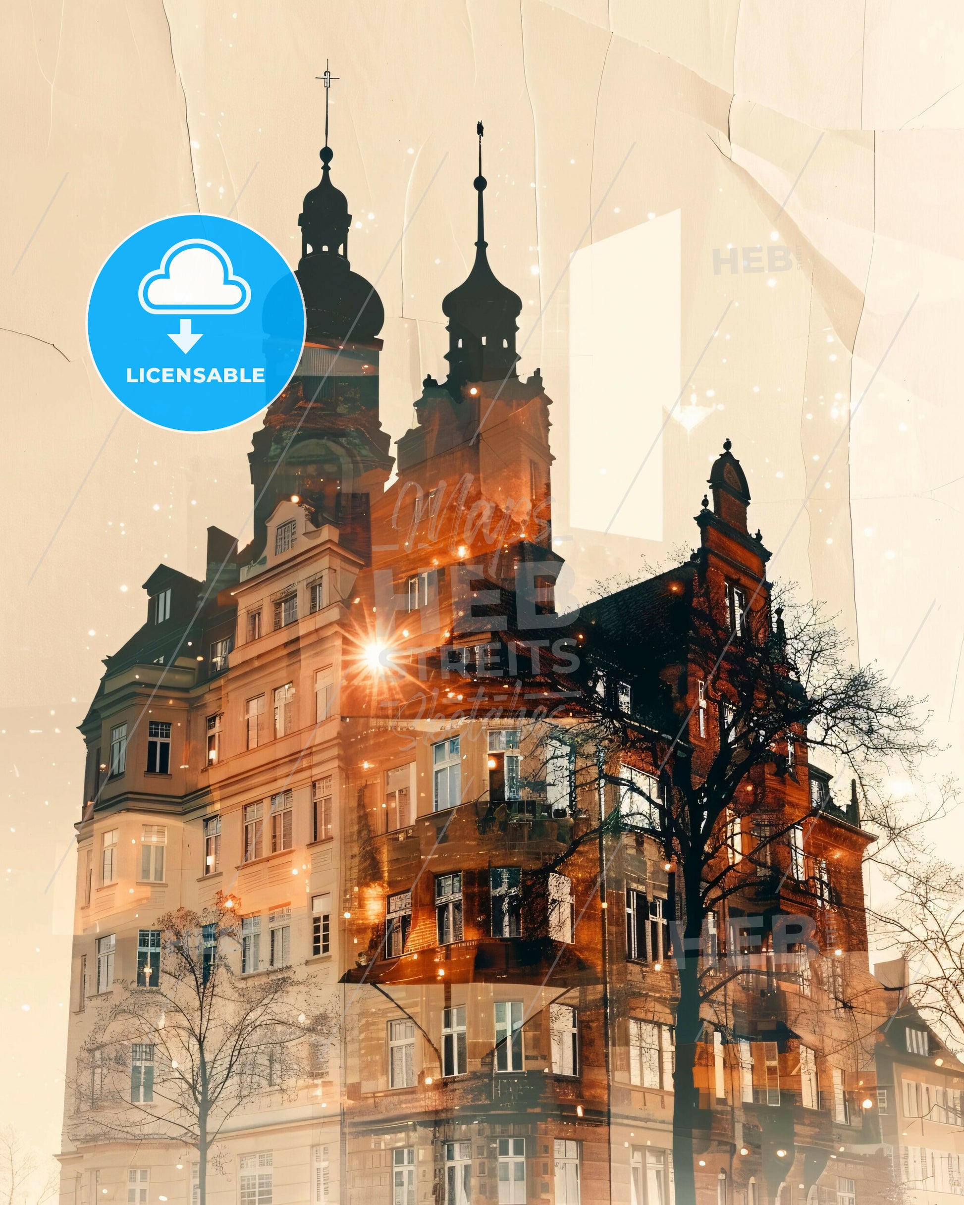 Magdeburg: Iconic Skyline Composite Art Poster - A building with a tower and a tree