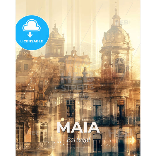 Maia, Portugal: Double Exposure Skyline Art - A building with a dome roof - Square format print template