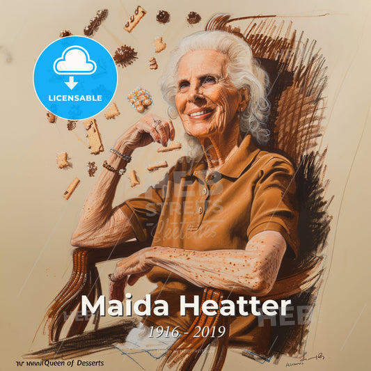 Maida Heatter, 1916 - 2019, American baker and cookbook author - An Old Woman Sitting In A Chair With Cookies Falling Off Her Hand Print Template