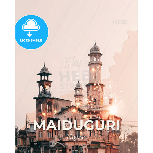 Maiduguri Cityscape Sparkles Poster - A building with a tower and lights - Square format print template