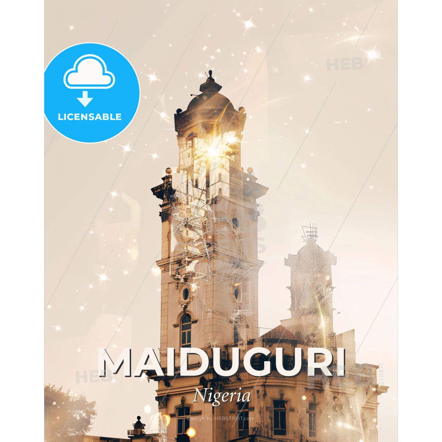 Maiduguri Skyline Night Sparkles Beige Poster - A tall building with a tower and a light shining through it - Square format print template