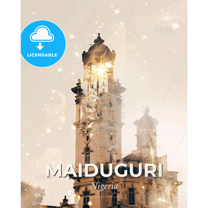 Maiduguri Skyline Night Sparkles Beige Poster - A tall building with a tower and a light shining through it - Square format print template