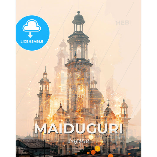 Maiduguri Skyline Double Exposure Art - A large building with towers and a tower with a tower and a tower - Square format print template