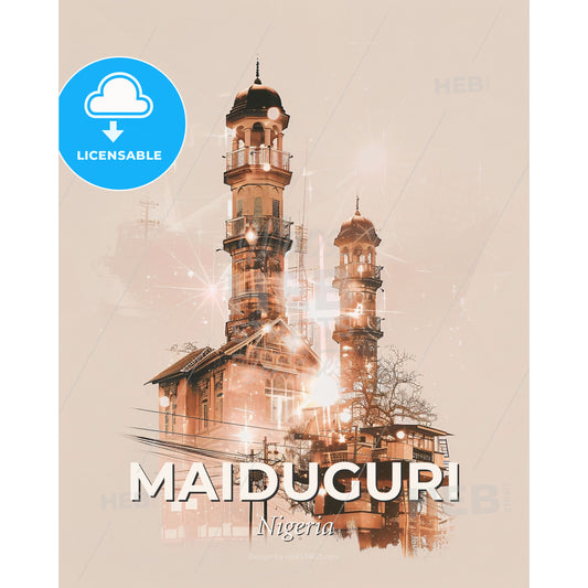 Maiduguri Skyline Double Exposure Cityscape Art - A building with towers and a tower - Square format print template
