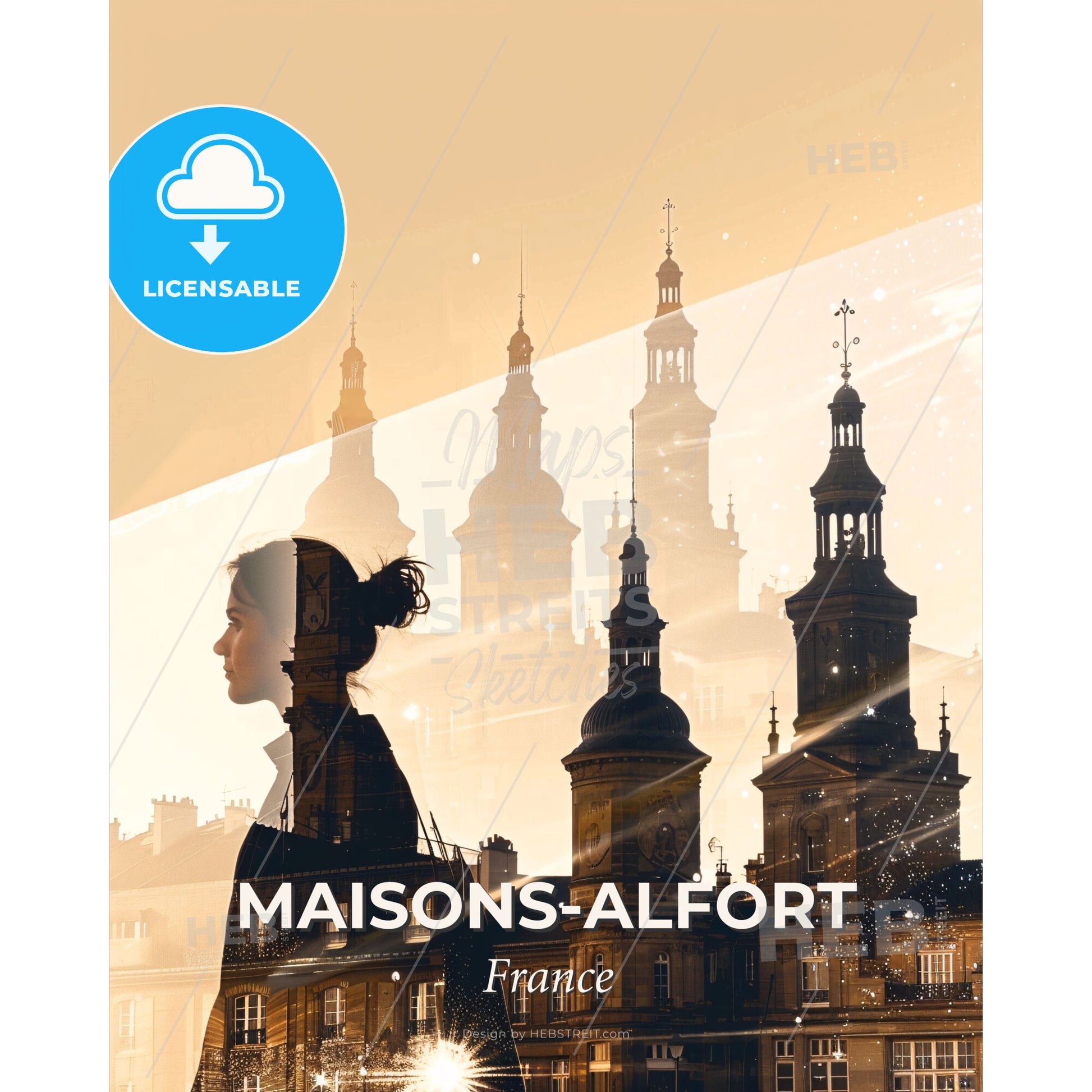 Maisons-Alfort City Skyline Silhouette Composite Art Print - A woman standing in front of a building - Square format print template