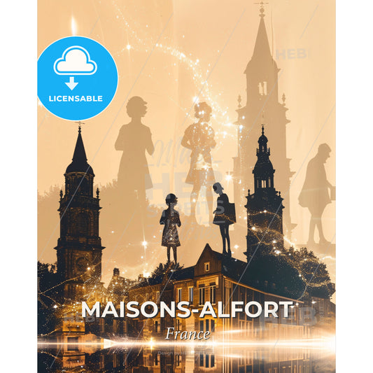Maisons-Alfort Skyline Silhouette Nightfall Poster Art - A group of people standing on top of a building - Square format print template