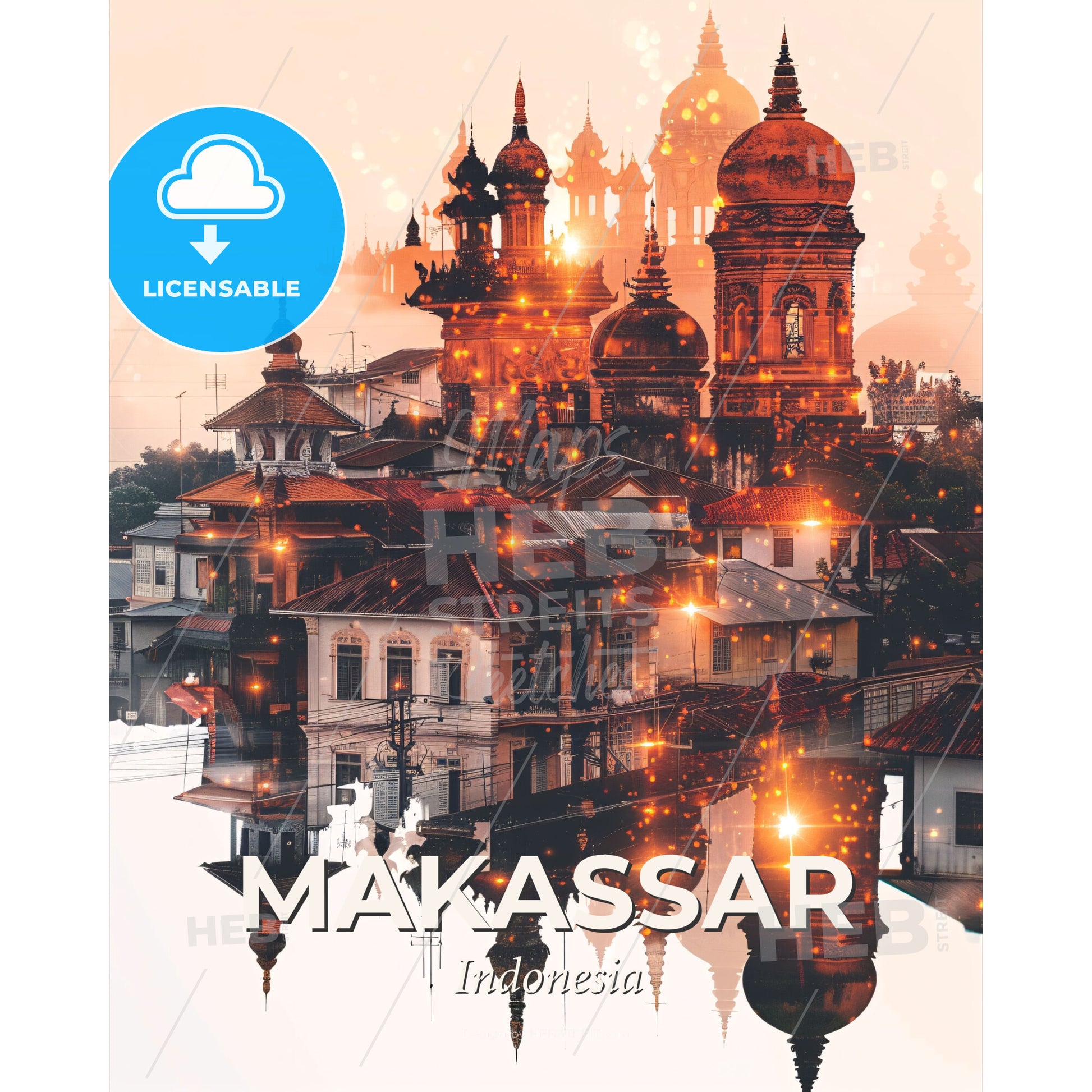 Makassar Skyline Double Exposure Beige Poster Art - A city with many buildings and a body of water - Square format print template