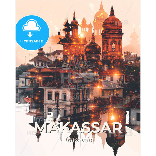 Makassar Skyline Double Exposure Beige Poster Art - A city with many buildings and a body of water - Square format print template