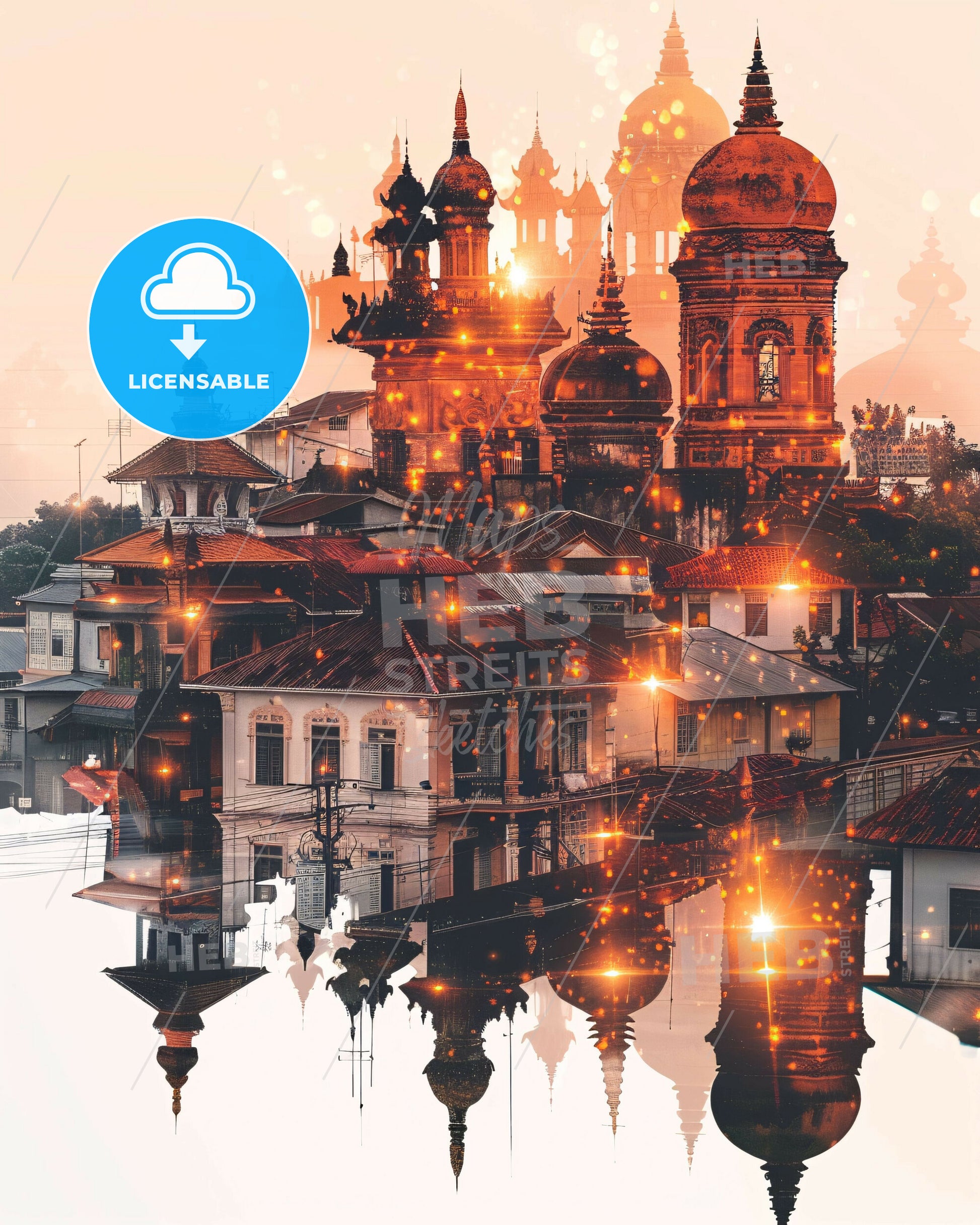 Makassar Skyline Double Exposure Beige Poster Art - A city with many buildings and a body of water