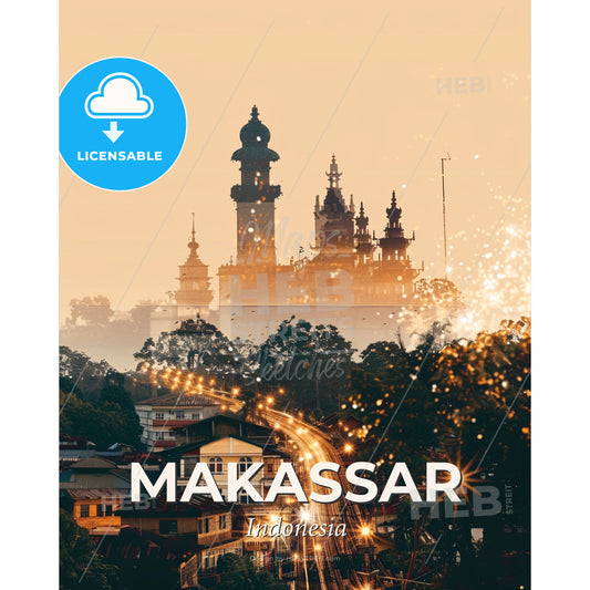 Makassar Indonesia City Skyline Double Exposure Art - A city with a bridge and a castle - Square format print template
