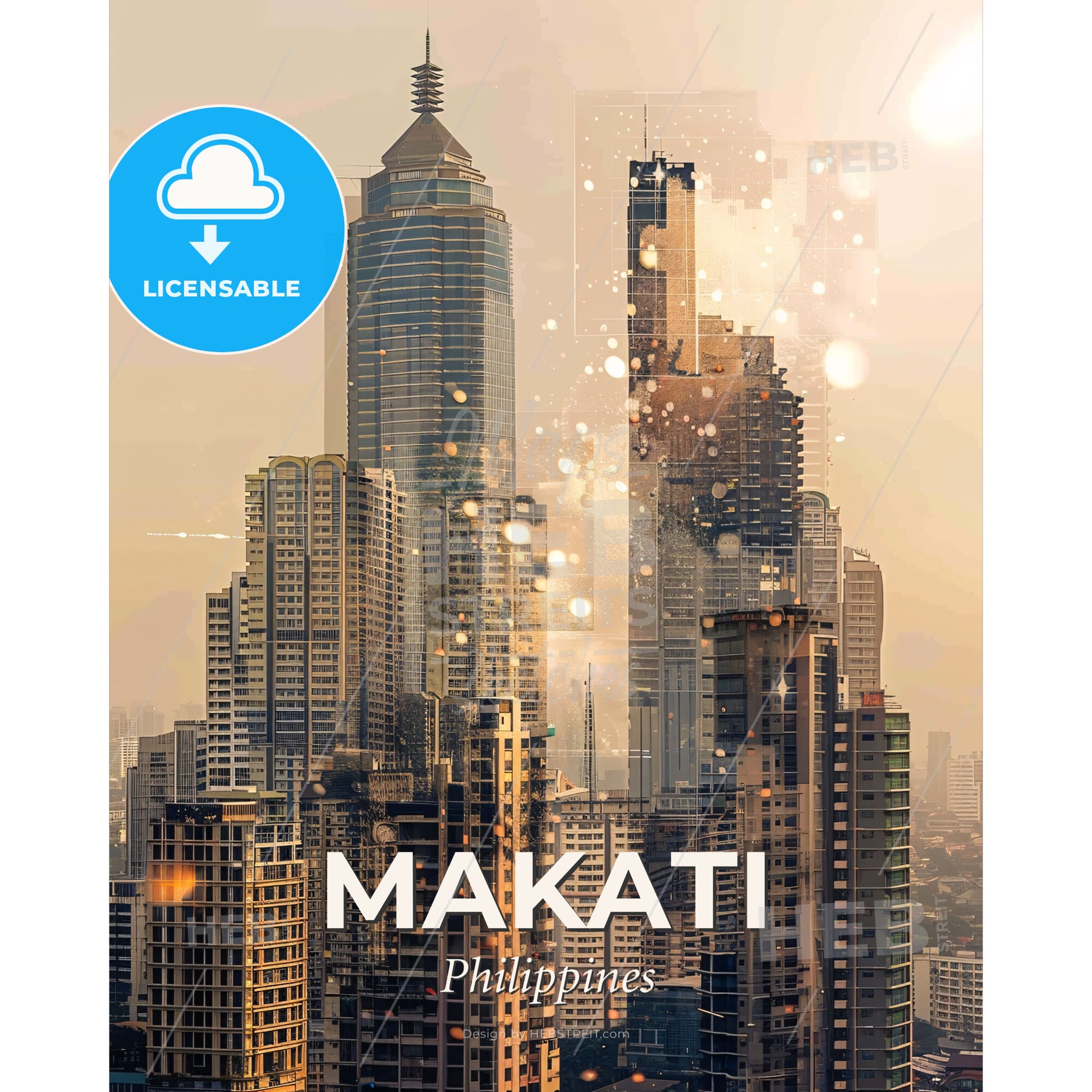 Makati Skyline Dreamy Beige Glow - A city skyline with many tall buildings - Square format print template