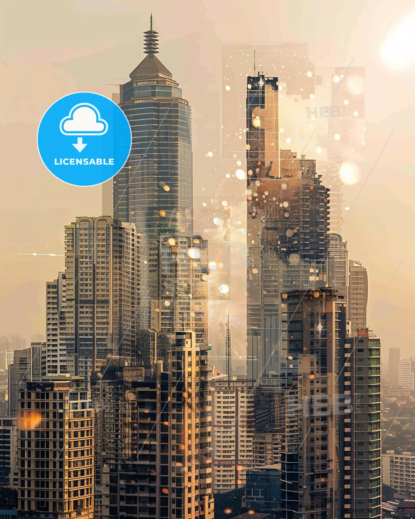 Makati Skyline Dreamy Beige Glow - A city skyline with many tall buildings