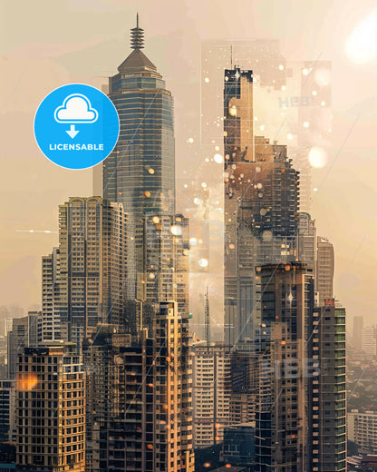 Makati Skyline Dreamy Beige Glow - A city skyline with many tall buildings