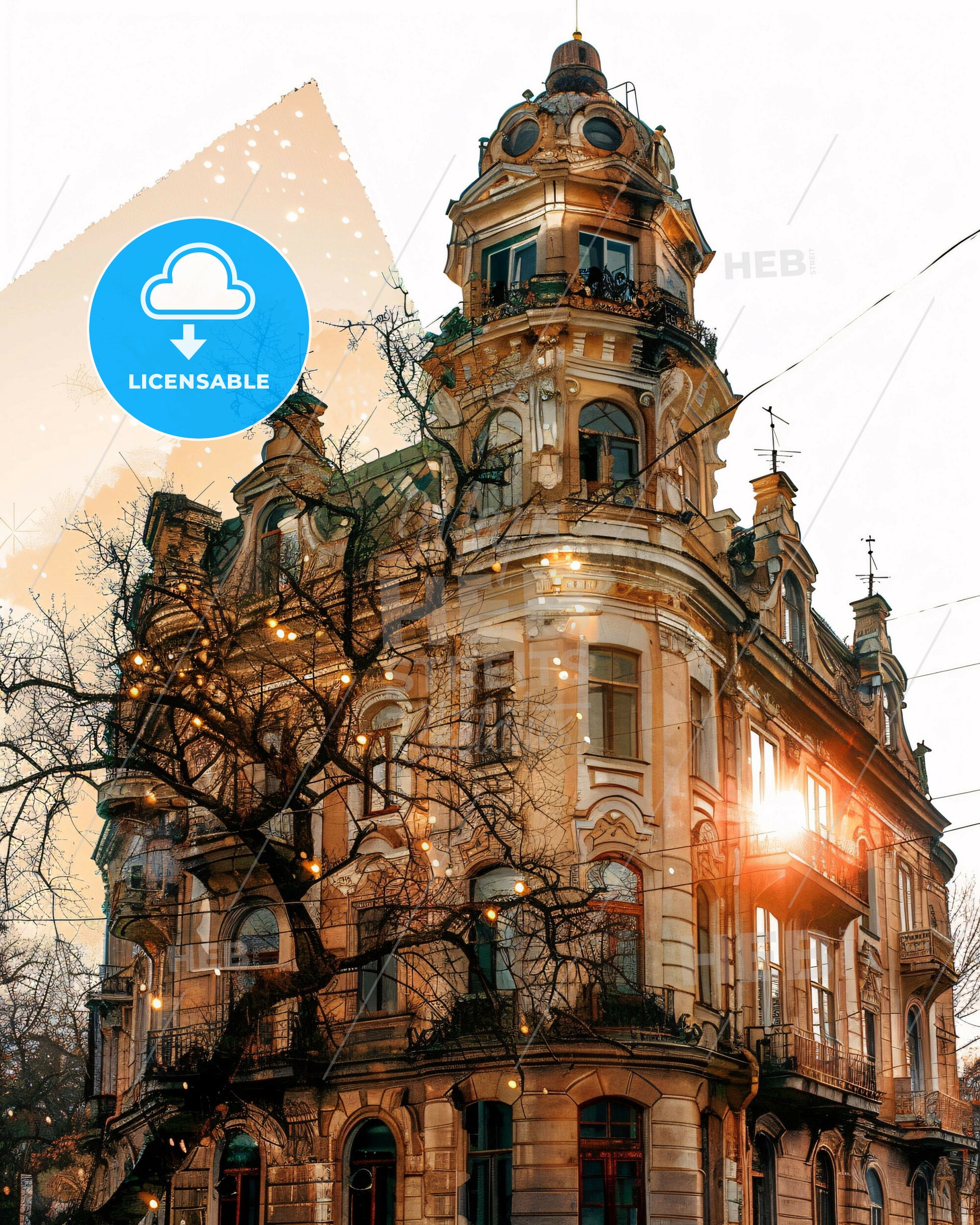 Makiivka Cityscape Composite Art with Local Texture - A building with a tree and lights