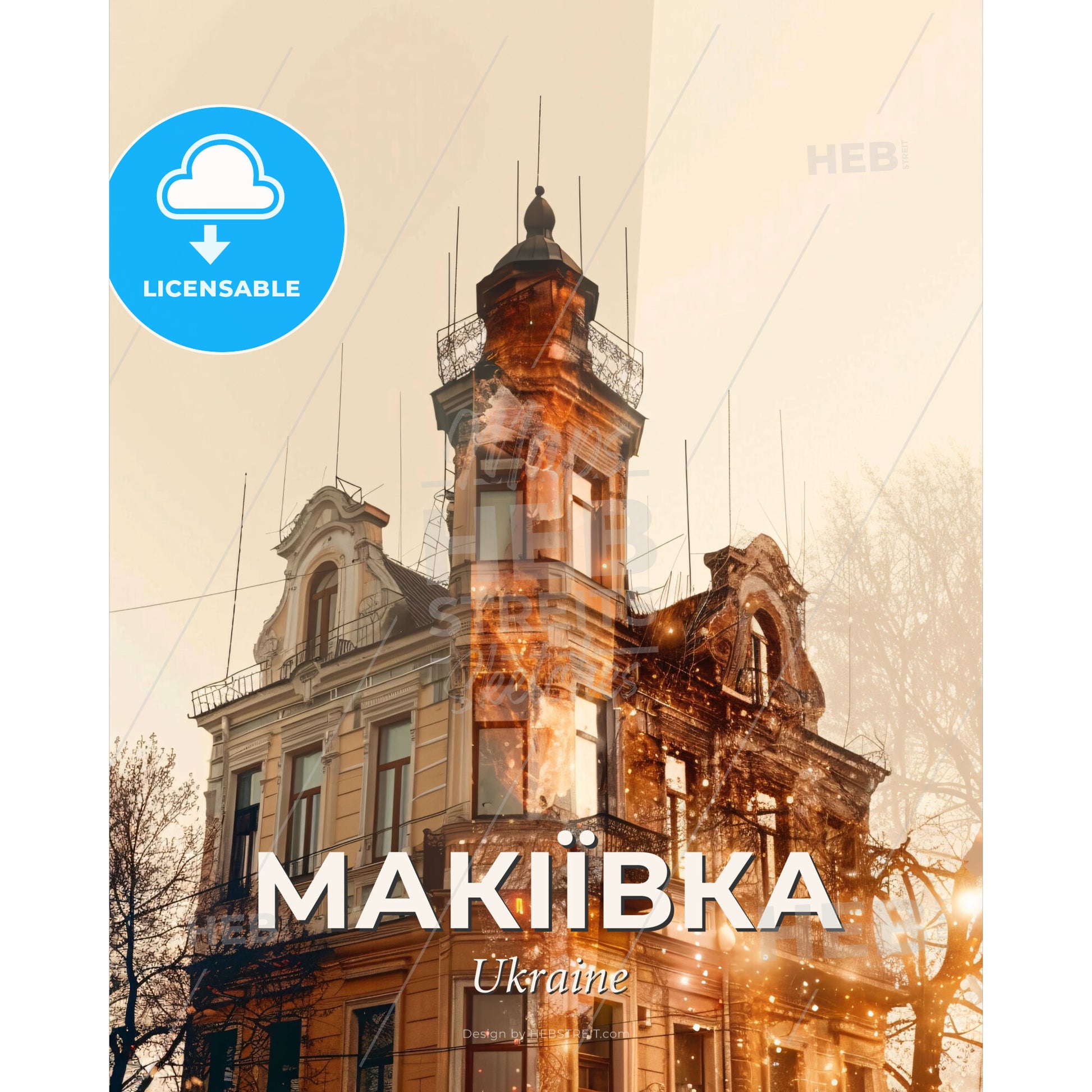 Makiivka Skyline Beauty in Dual Exposure - A building with a tower and a balcony - Square format print template