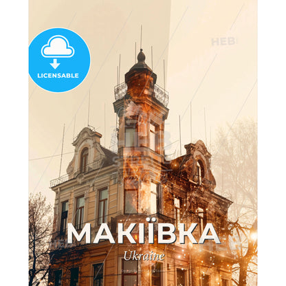 Makiivka Skyline Beauty in Dual Exposure - A building with a tower and a balcony - Square format print template