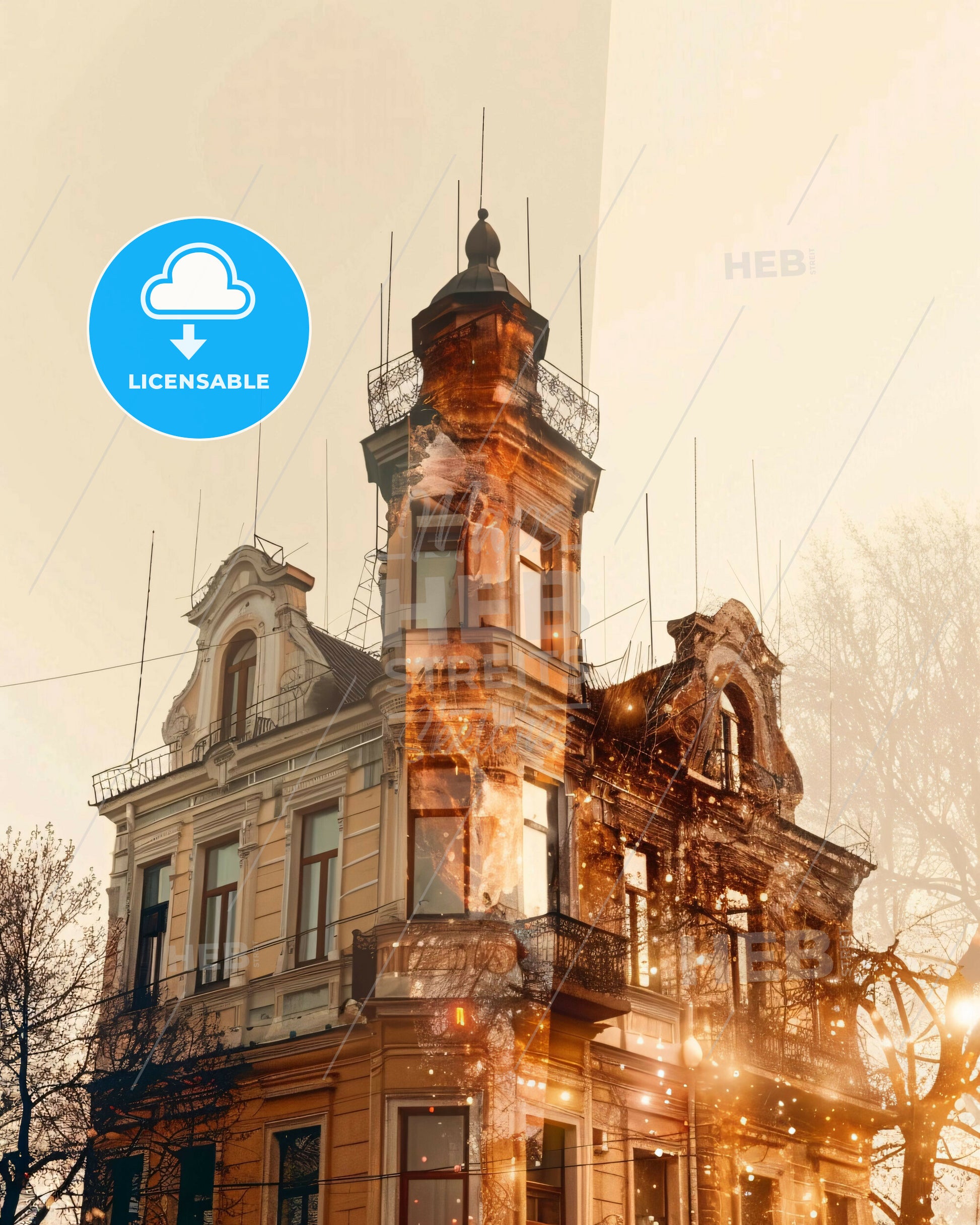 Makiivka Skyline Beauty in Dual Exposure - A building with a tower and a balcony