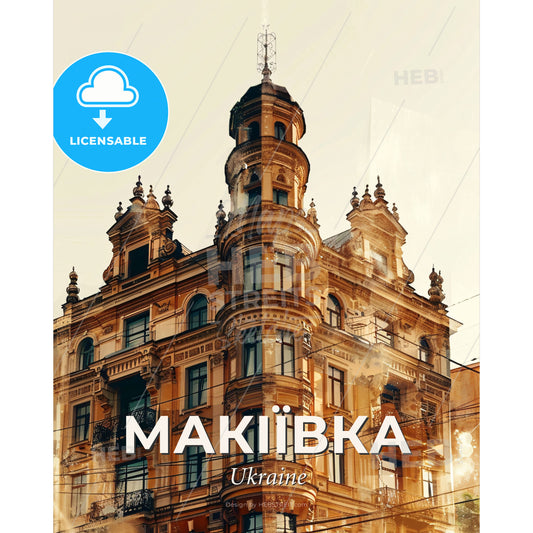 Makiivka Skyline Bright Beige Poster Art - A building with a tower - Square format print template