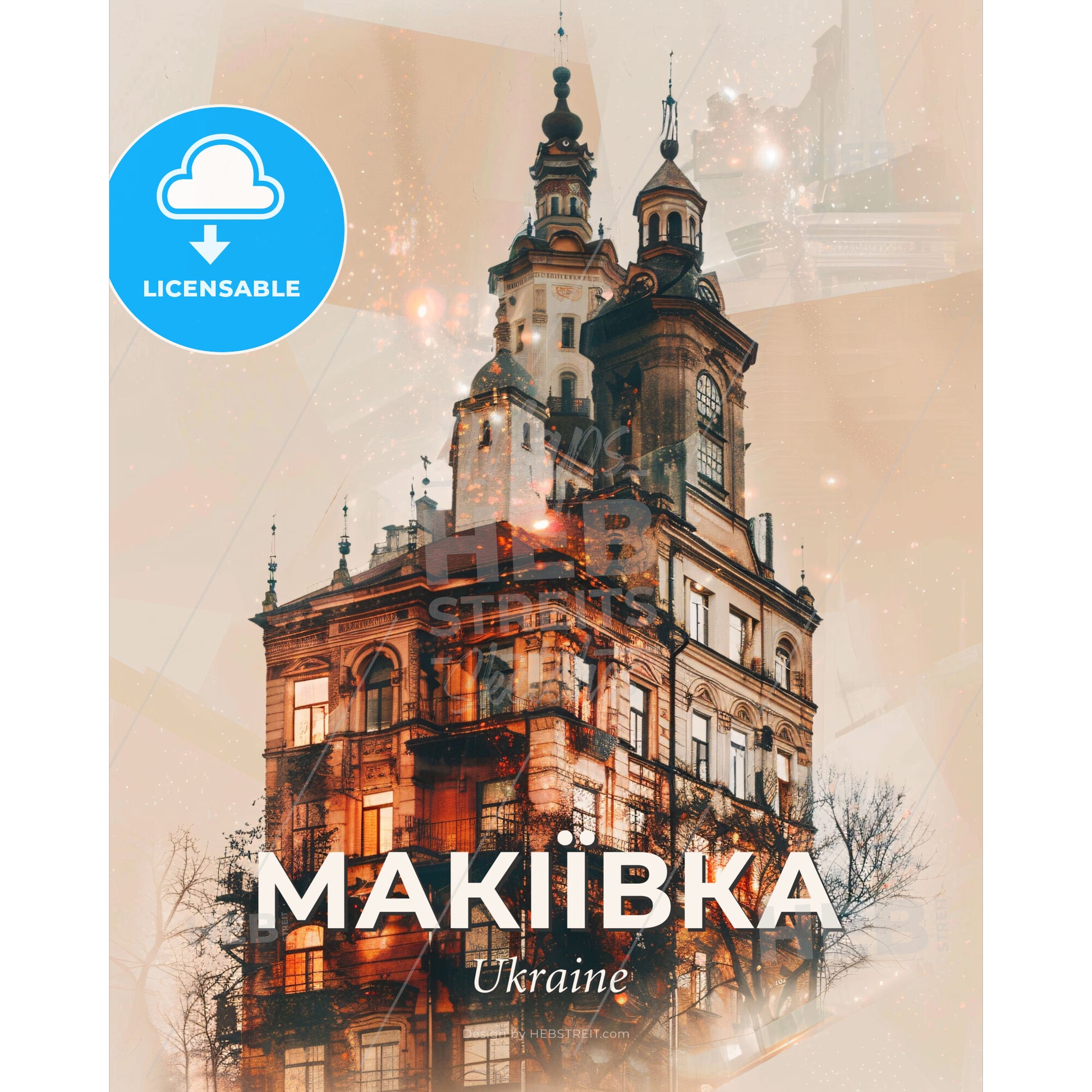 Makiivka Skyline Poster: Iconic Architecture on Beige - A building with many windows - Square format print template
