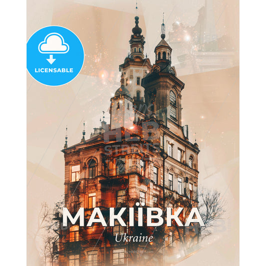 Makiivka Skyline Poster: Iconic Architecture on Beige - A building with many windows - Square format print template
