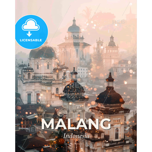 Malang Skyline Art Deco Double Exposure - A group of buildings with domes - Square format print template