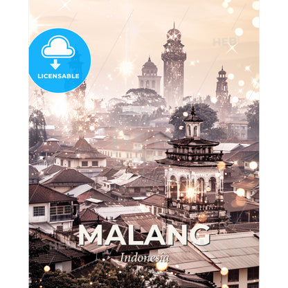 Malang, Indonesia double exposure art - A city with many buildings and lights - Square format print template
